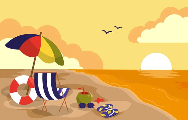 Krásný Západ Slunce Letní Pláž Moře Příroda Dovolená Ilustrace — Stockový vektor