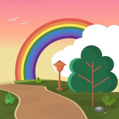 Güzel Gökkuşağı Summer Hills Sokak Doğa Manzarası Çizimi