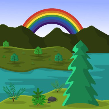 Güzel Gökkuşağı Summer Hills Gölü Doğa Manzarası Çizimi