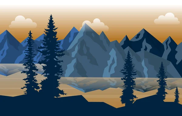 Rustige Mountain Lake River Pine Tree Natuur Landschap Illustratie — Stockvector