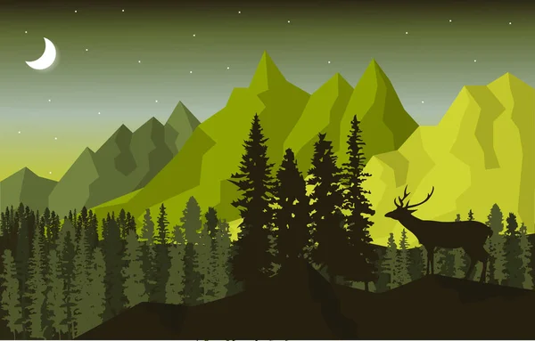 Noche Montaña Pico Pinos Naturaleza Paisaje Aventura Ilustración — Vector de stock