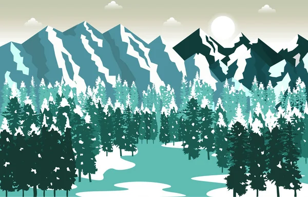 Зимняя Снежная Гора Пик Сосны Природный Ландшафт Иллюстрация Приключений — стоковый вектор
