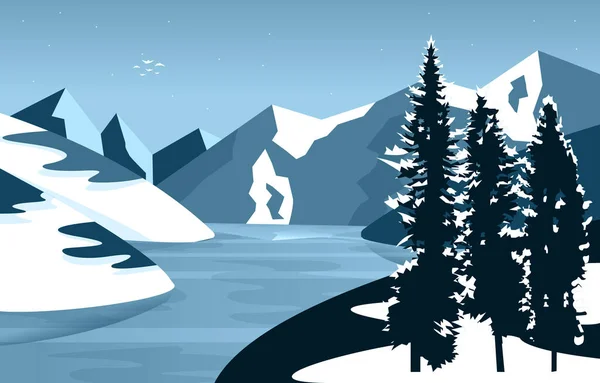 Lac Gelé Hiver Glace Pin Des Montagnes Nature Paysage Illustration — Image vectorielle