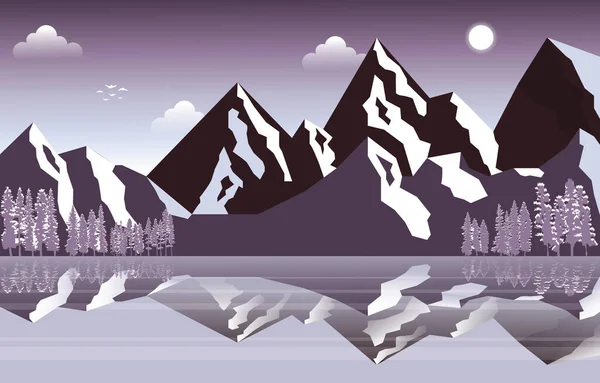 Zmrazené Jezero Zimní Led Mountain Pine Příroda Krajina Ilustrace — Stockový vektor