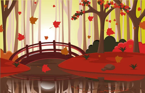 Podzimní Podzimní Sezóna Krajina River Bridge Přírodní Krajina Ilustrace — Stockový vektor