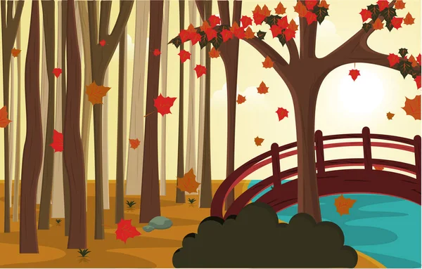 Podzimní Podzimní Sezóna Krajina River Bridge Přírodní Krajina Ilustrace — Stockový vektor