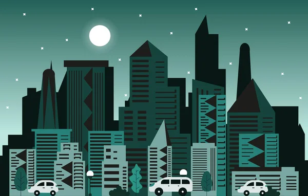 Lua Noite Moderna Cidade Arranha Céu Construção Cityscape Skyline Ilustração — Vetor de Stock