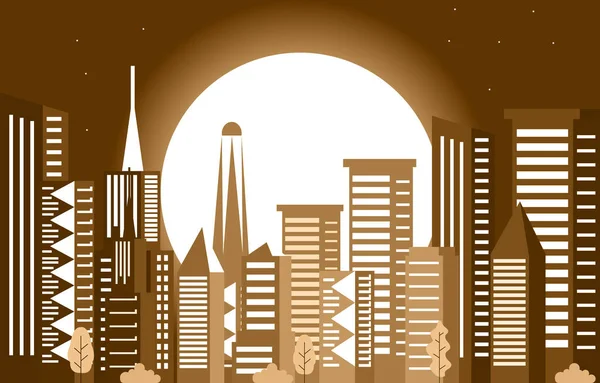 Nacht Mond Moderne Stadt Wolkenkratzer Gebäude Stadtbild Skyline Illustration — Stockvektor