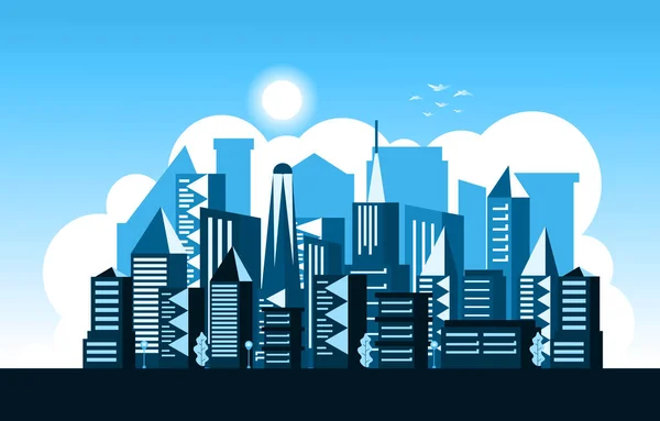 Tag Sonne Moderne Stadt Wolkenkratzer Gebäude Stadtbild Skyline Illustration — Stockvektor