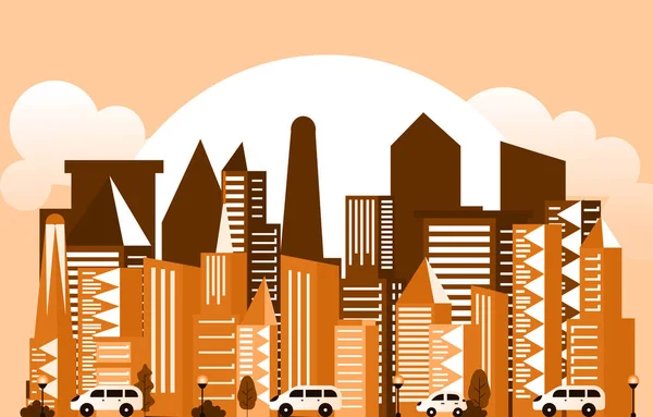 Sunset Modern City Rascacielos Edificio Paisaje Urbano Skyline Ilustración — Archivo Imágenes Vectoriales