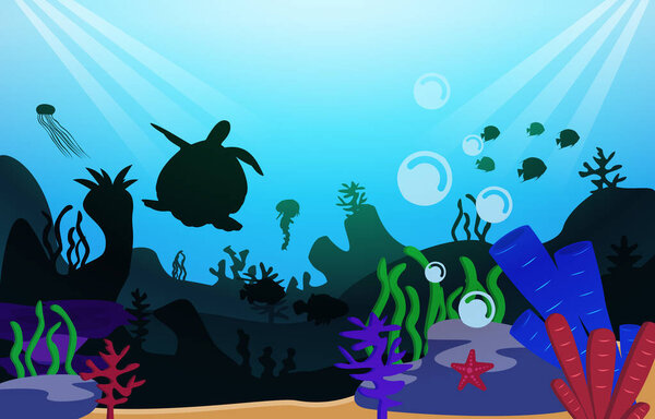Wildlife Turtle Fish Sea Ocean Underwater Aquatic Flat Illustration
