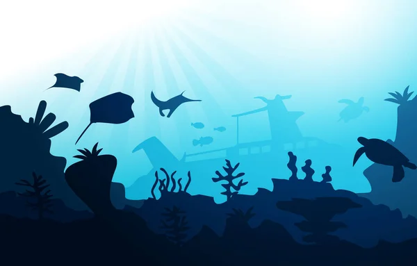 Versunkenes Schiff Tierwelt Meer Tiere Ozean Unterwasser Aquatische Illustration — Stockvektor