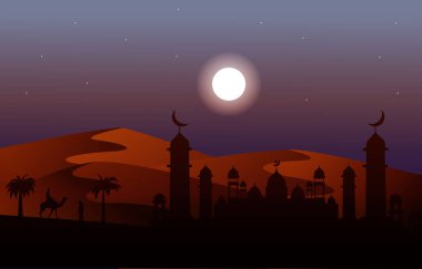 Gece Arap Çöl Deve Kervanı Müslüman Kültür İllüstrasyonu