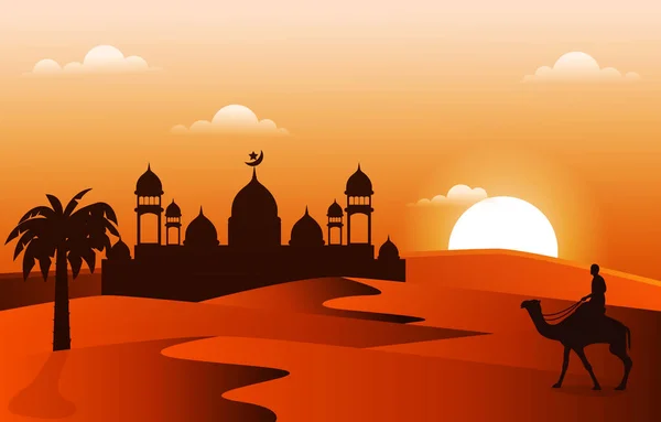 Sunset Árabe Desierto Camello Caravana Musulmana Cultura Islámica Ilustración — Vector de stock