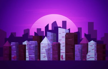 Gece Şehri Gökdelen Binası Şehir Manzarası Düz Tasarım İllüstrasyonu