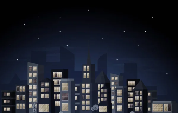 Night City Urban Mrakodrap Building Cityscape View Flat Design Illustration — Stockový vektor