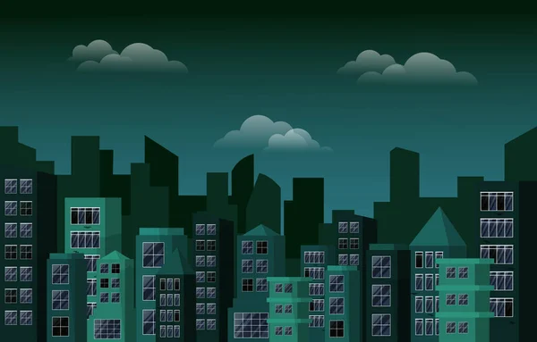 Nocne Miasto Drapacz Chmur Budynek Widok Miasto Projekt Mieszkania Ilustracja — Wektor stockowy