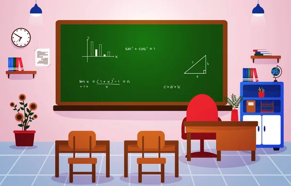 Matematyka Szkoła Klasa Klasa Blackboard Stół Krzesło Edukacja Ilustracja — Wektor stockowy