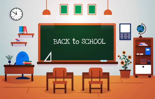 学校のクラスルームに戻る Blackboardヘルプテーブルチェア教育イラスト — ストックベクタ