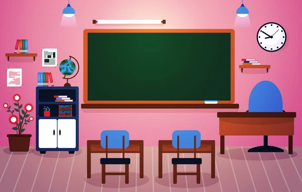 Klasse Schule Niemand Klassenzimmer Tafel Tisch Stuhl Bildung Illustration — Stockvektor
