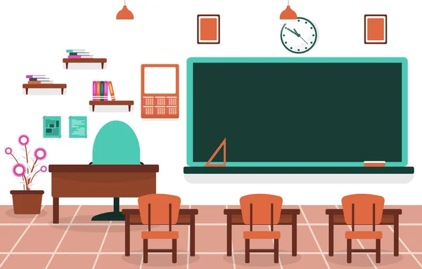 Klas School Niemand Klaslokaal Schoolbord Tafelstoel Onderwijs Illustratie — Stockvector