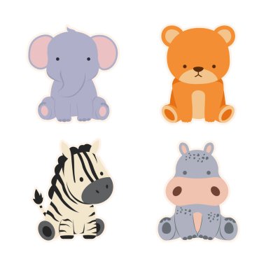 Şirin Safari Hayvan Vektör Seti Fil, Ayı, Zebra & Hippo