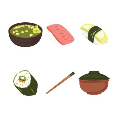 İçinde miso çorbası, ton balığı nigiri, maki rulo ve çubuklar bulunan minimum Japon suşi vektörü. Restoran markalaşması, menüler ve yemek çizimleri için mükemmel..