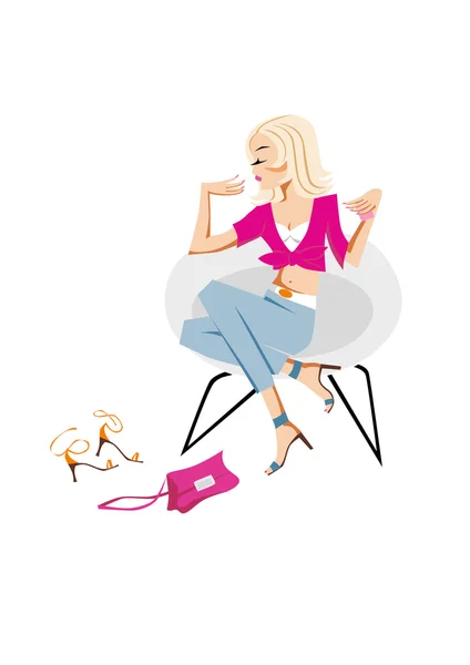 Bir ayakkabı Dükkanı sandalyede oturan güzel sarışın genç kadın — Stok Vektör
