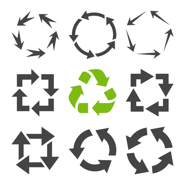 Setas de reciclagem vetor conjunto de ícones plana — Vetor de Stock