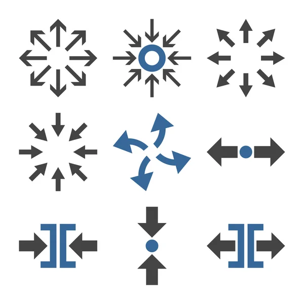Conjunto de iconos planos de vectores de flechas de compresión y explosión — Vector de stock