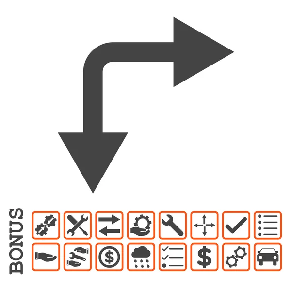 Gabelungspfeil rechts unten flaches Vektorsymbol mit Bonus — Stockvektor
