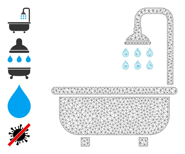 Icône de bain de douche en réseau polygonal avec glyphes simples — Image vectorielle