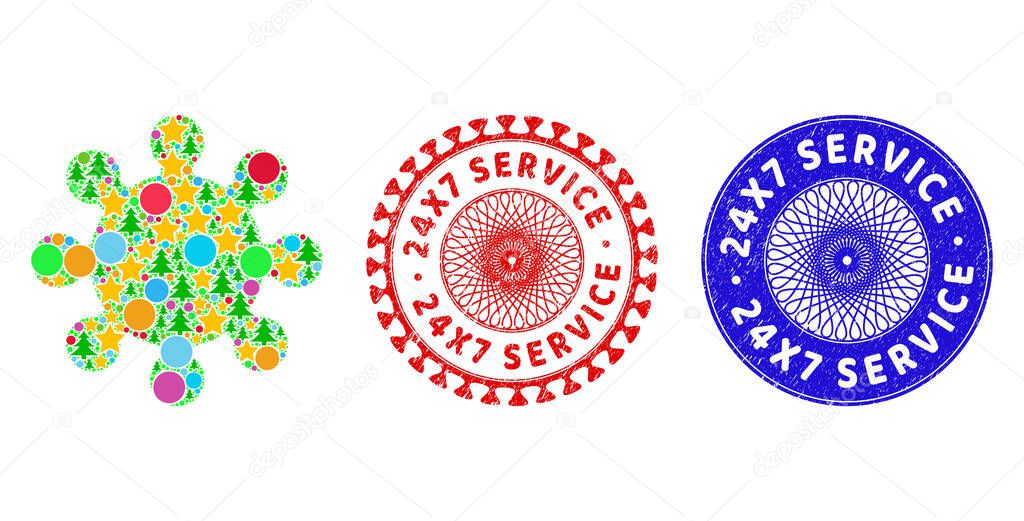 24X7 Service Scratched Stamps and Gear Mosaic of New Year Symbols