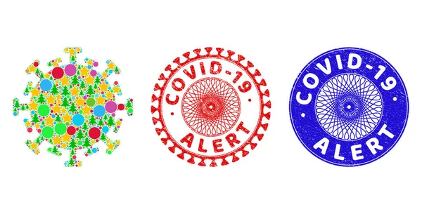 Covid-19 Alert Textured Seal Postzegels en besmettelijke Virus Mozaïek van Kerst Symbolen — Stockvector