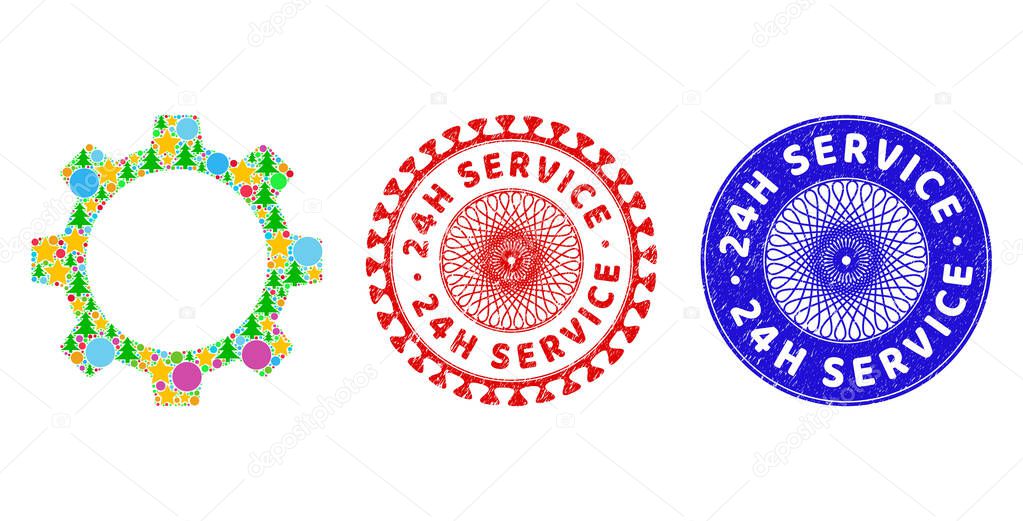24H Service Grunge Seals and Gear Wheel Mosaic of New Year Symbols