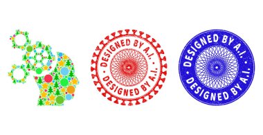 Yapay zeka tarafından tasarlandı. Grunge Stamps and Brain Mechanics Yeni Yıl Sembolleri Mozaiği