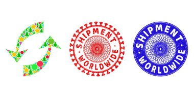 Dünya çapında Sevkiyat Kederi Plastik İzler ve Noel Sembolleri Değişim Okları Kolajı