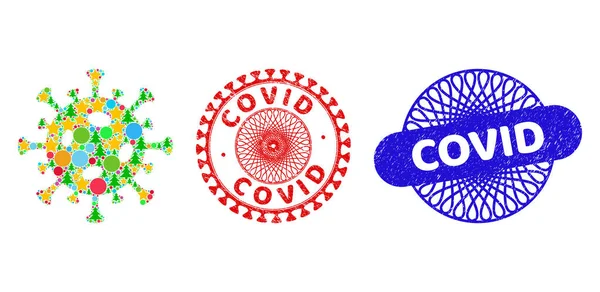 Covid Sceaux rayés et virus Covid Collage des symboles de la nouvelle année — Image vectorielle