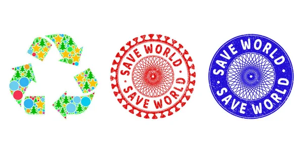 Save World Textured Seal Stempel und Recycle Collage von Neujahrssymbolen — Stockvektor