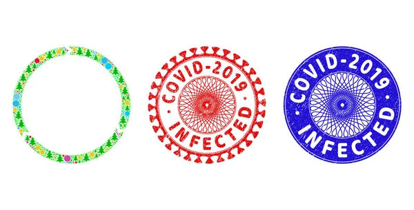 Covid-2019 Besmette Distress Seals en Rotatie Mozaïek van Kerst Symbolen — Stockvector