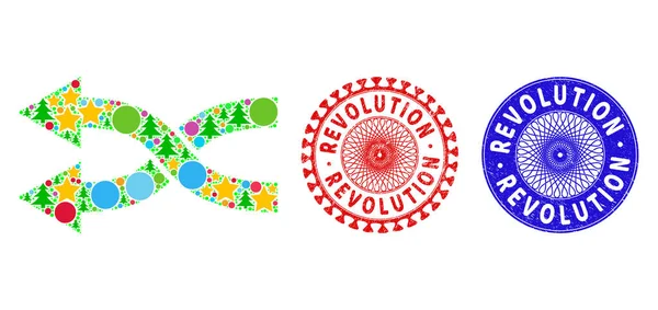 革命ドレスシール切手とシャッフル矢印クリスマスシンボルの左コラージュ — ストックベクタ