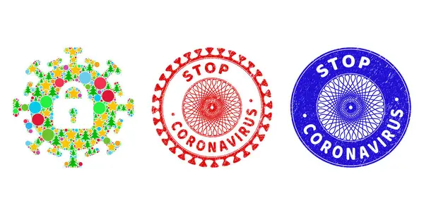 Detener los sellos texturizados de Coronavirus y el mosaico de bloqueo contagioso de los símbolos de Año Nuevo — Vector de stock