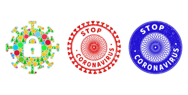 Stop Coronavirus Textured Seals and Contagious Lockdown Mosaic of New Year Symbols