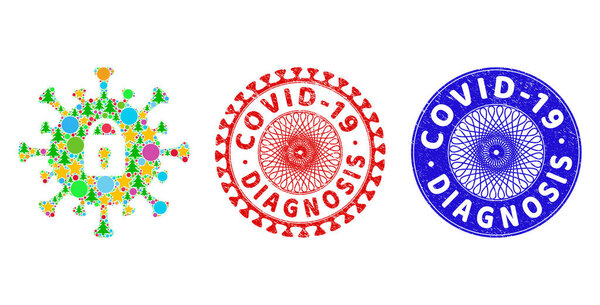 Covid-19 Diagnosis Grunge Seals and Covid Lockdown Mosaic of New Year Symbols