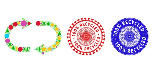 100 Prozent recycelte Seenot-Siegel und Recycling-Mosaik aus Neujahrssymbolen — Stockvektor