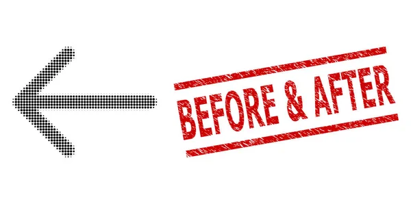 Grunge avant et après sceau timbre et demi-ton pointillé flèche gauche — Image vectorielle