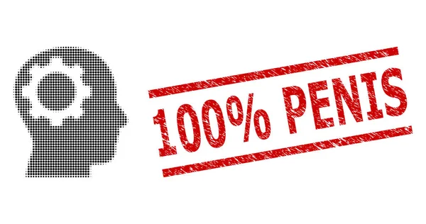 Distress 100 Percent Penis Seal and Halftone Dotted Intellect Gear — Vector de stock