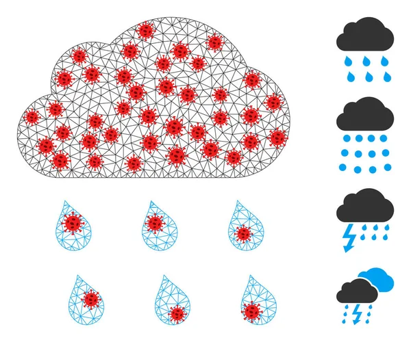 Polygonales Drahtrahmen-Regenwolken-Icon mit Virus-Elementen — Stockvektor