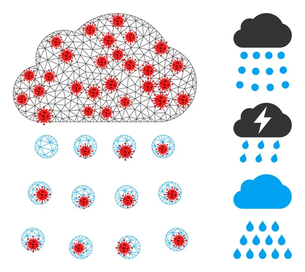 Icono de nube de lluvia de malla poligonal con centros covid — Vector de stock
