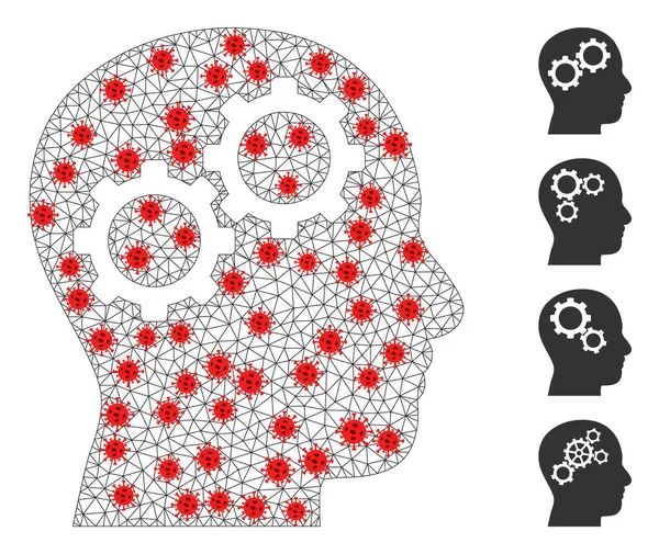 Pittogramma di ingranaggi cerebrali a rete poligonale con elementi di infezione — Vettoriale Stock